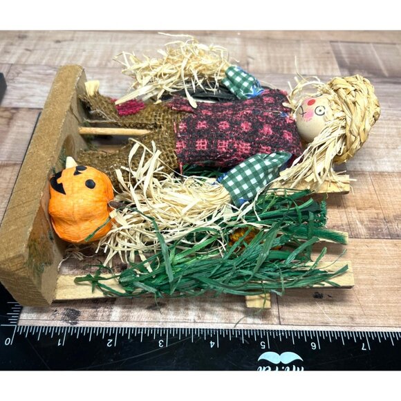 Handcrafted Rustic Scarecrow Figurine With Pumpkin & Wooden Fence - Picture 4 of 5